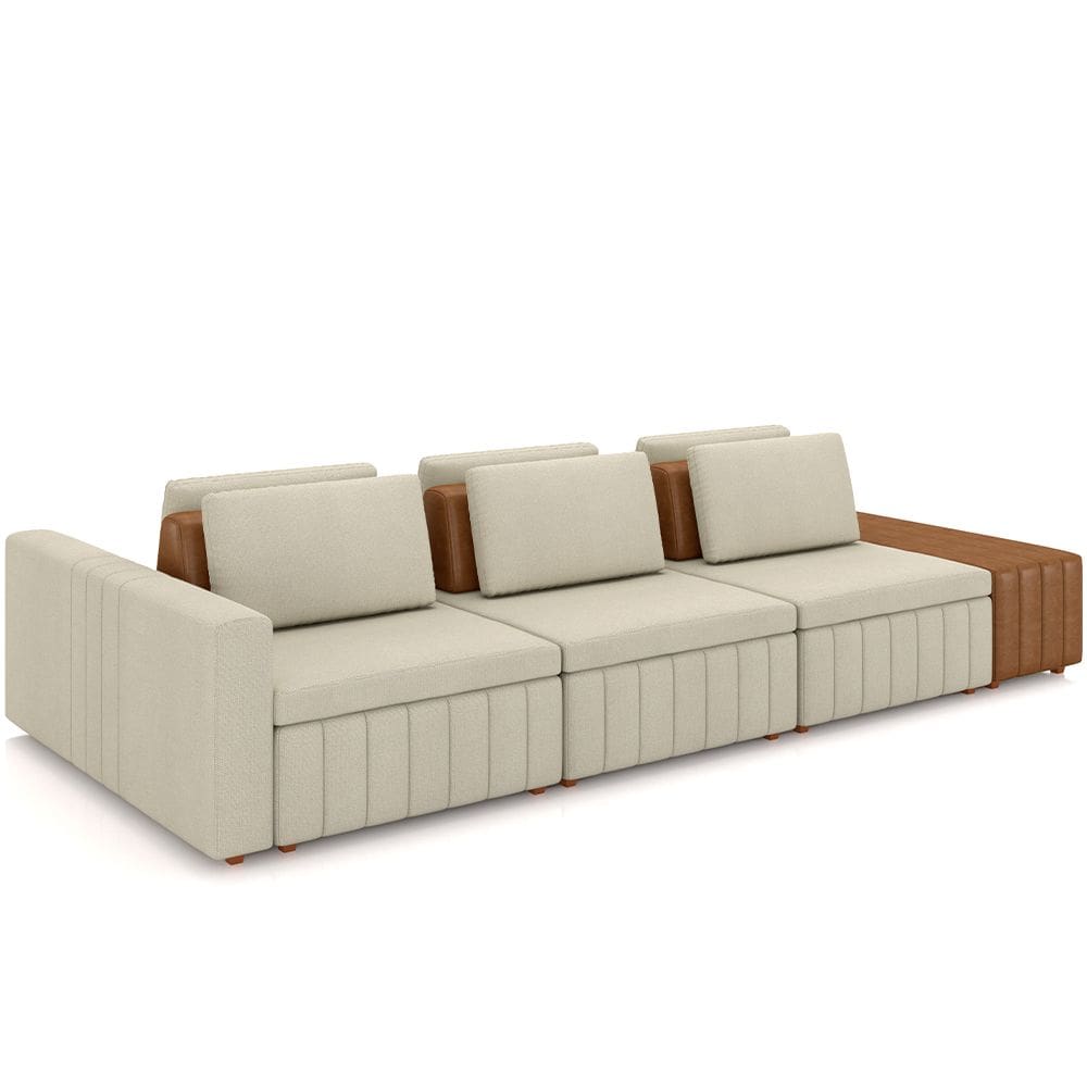 Sofá Ilha com Puff para Sala Living 365cm Amber M03 Linho Cru Couríssimo Whisky - Lyam Decor