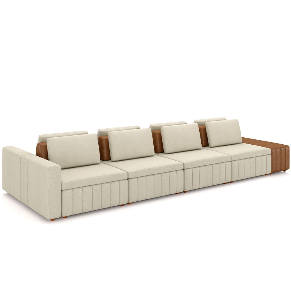 Sofá Ilha com Puff para Sala Living 425cm Amber M03 Linho Cru Couríssimo Whisky - Lyam Decor