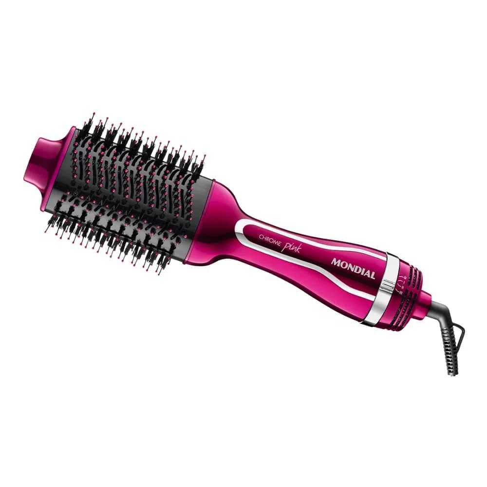 Escova Secadora Mondial Chrome PinK Tourmaline íon, Seletor de Temperatura e Cabo Giratório 127v Rosa ES-04