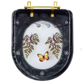 Assento Sanitario Poliester Decorado Borboleta Amarela Carrara Preto com Ferragem Dourada