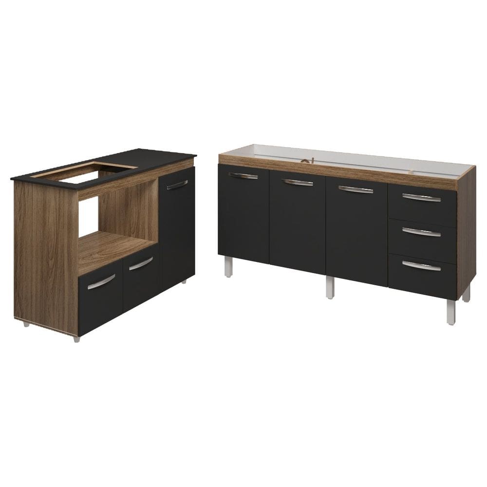 Balcão Cozinha Gabinete de Pia 160 cm Estela e Balcão Para Fogão Cooktop 4 Bocas e Forno Elétrico Alana Savana Preto