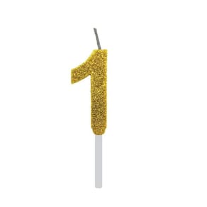 Vela De Aniversário 1 Dourada Glitter Com Base