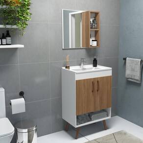 Conjunto para Banheiro com Gabinete com Pés, Lavatório Pop e Espelheira Verona Branco/Carvalho