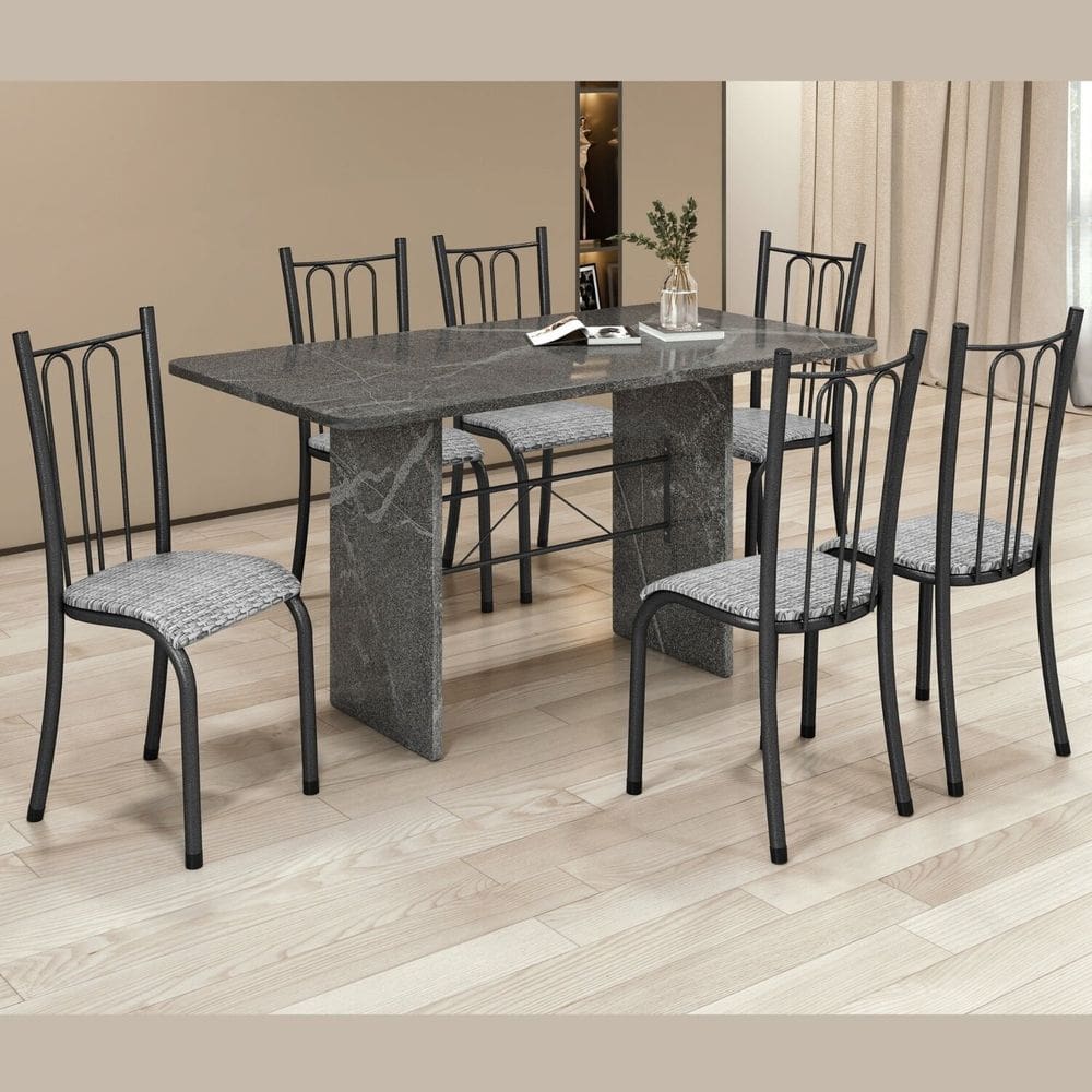 Conjunto Sala de Jantar 6 Cadeiras Mesa 140x75cm Tampo Granito Martelado Prata / Hatan