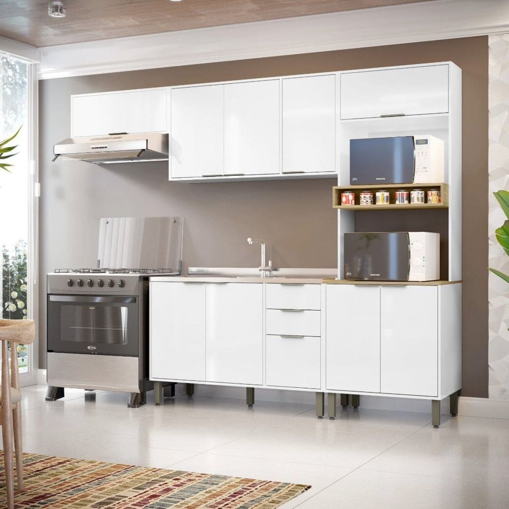 Cozinha Modulada Glória 4 Peças com Aéreo 1200 3 Portas e Torre 2 Fornos Branco Neve