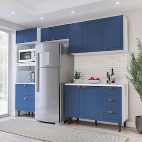 Cozinha Pérola 4 Peças Torre Quente Basculante Aéreo 3 Portas e Balcão 2 Gavetas 3 Portas com Tampo Branco/Azul