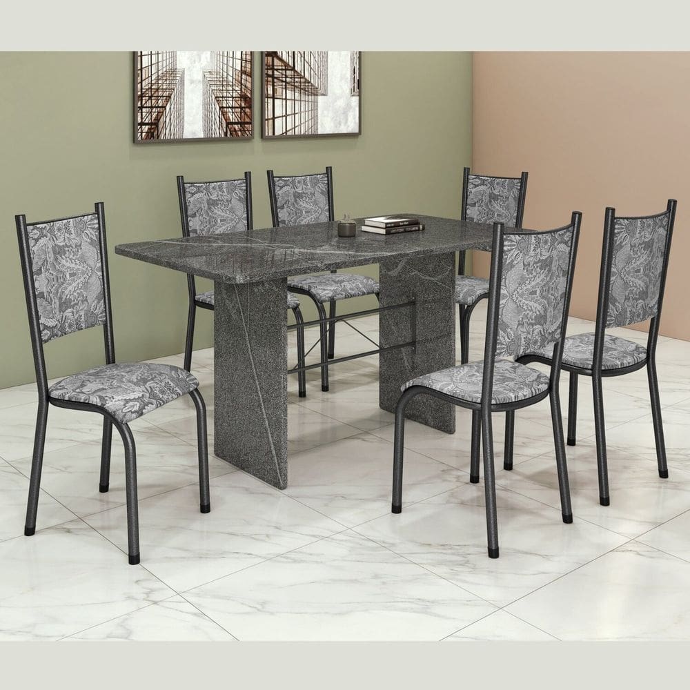 Conjunto Sala de Jantar 6 Cadeiras Mesa 140x75cm Tampo Granito Topázio Bianca Martelado Prata / Renda