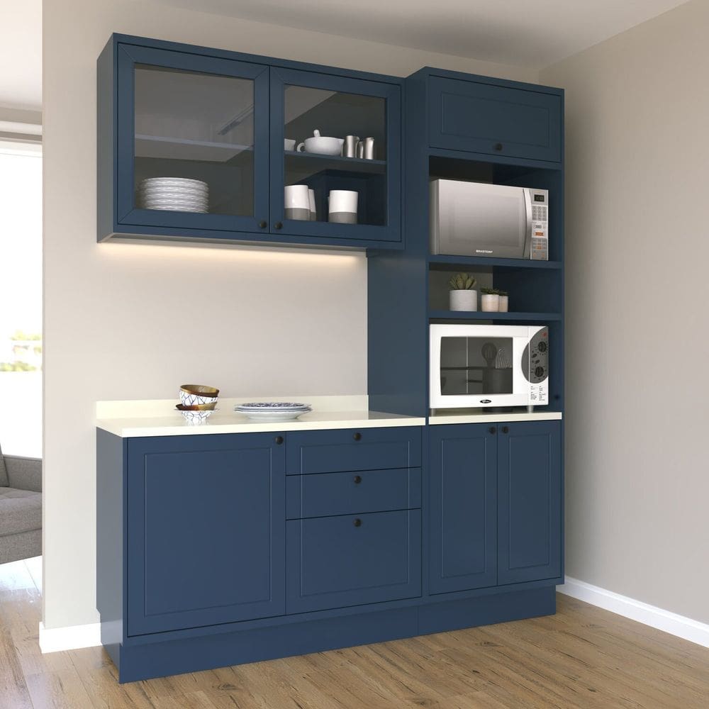 Cozinha Compacta com Vidro 3 Peças 6 Portas 3 Gavetas Sevilha Azul Órion /Cinza Argila