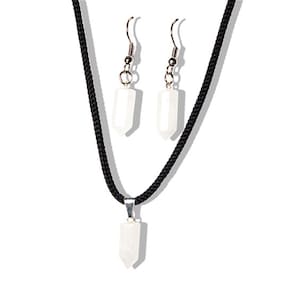 Conjunto Pontinha Colar e Brinco Quartzo Leitoso Prateado