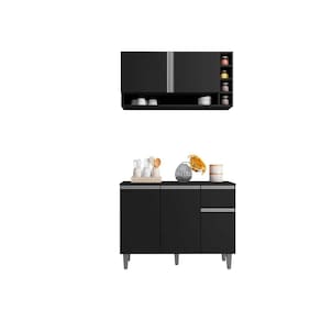 Kit Armario de Cozinha e Balcão Vanessa de 1,00cm C/ Tampo Preto - Montanaris Decor