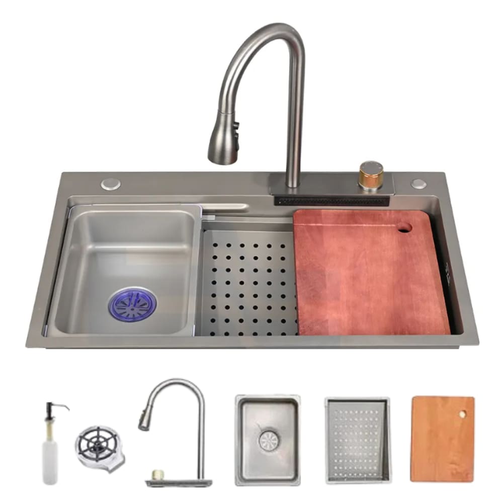 Cuba Cozinha Gourmet Premium Cascata Com Torneira Lavador Copos Aço Inox 304 Grafite