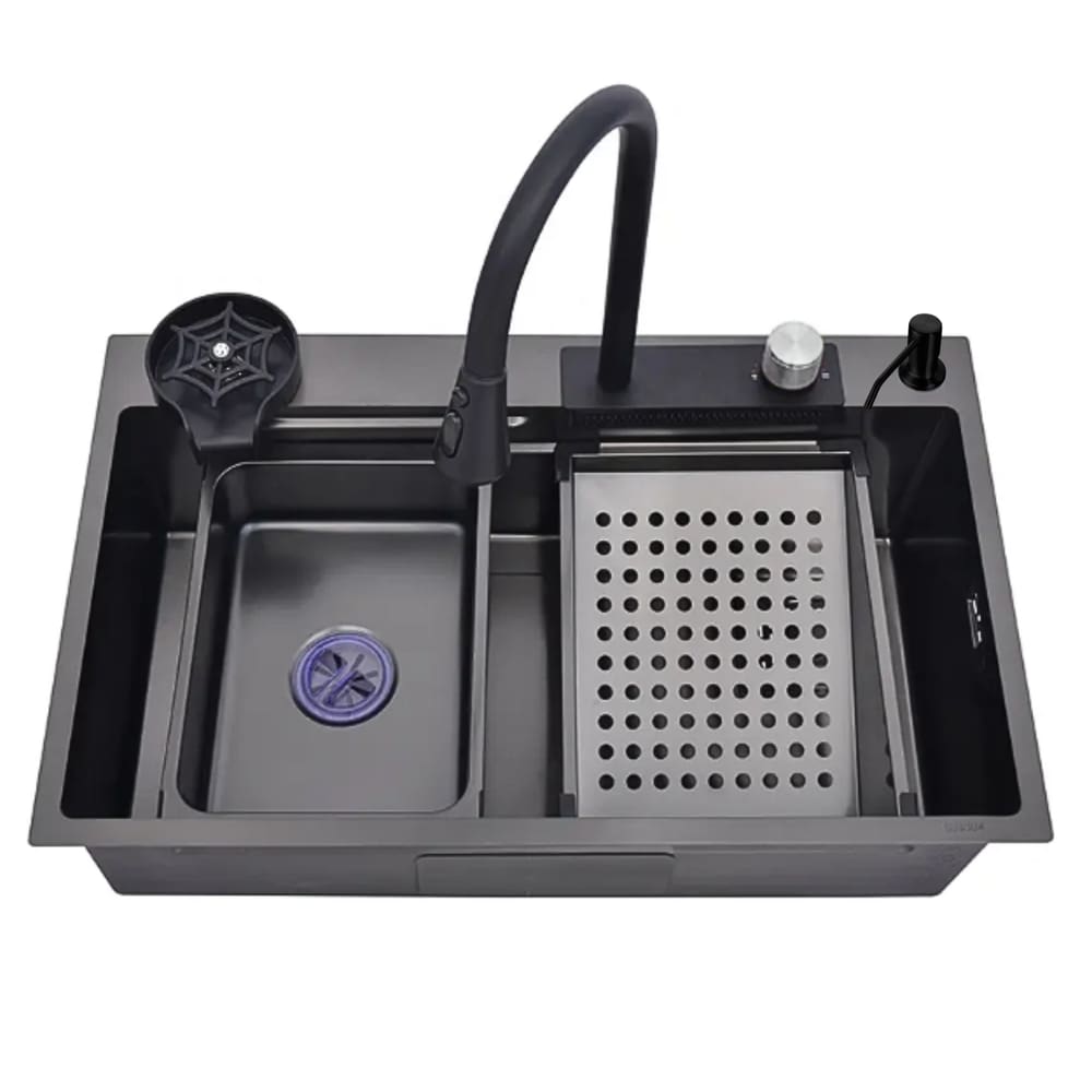 Cuba Cozinha Gourmet Premium Cascata Com Torneira Lavador Copos Aço Inox 304 Preto