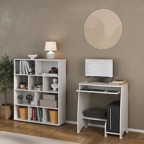 Kit 2 Peças com Escrivaninha para Computador Pixel e Estante para Livros com 10 Nichos Branco