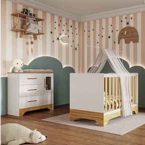 Quarto de Bebê Cômoda 1 Porta com Janela e Berço Minicama 100% Mdf Liam Espresso Móveis Branco Brilho/Amêndoa