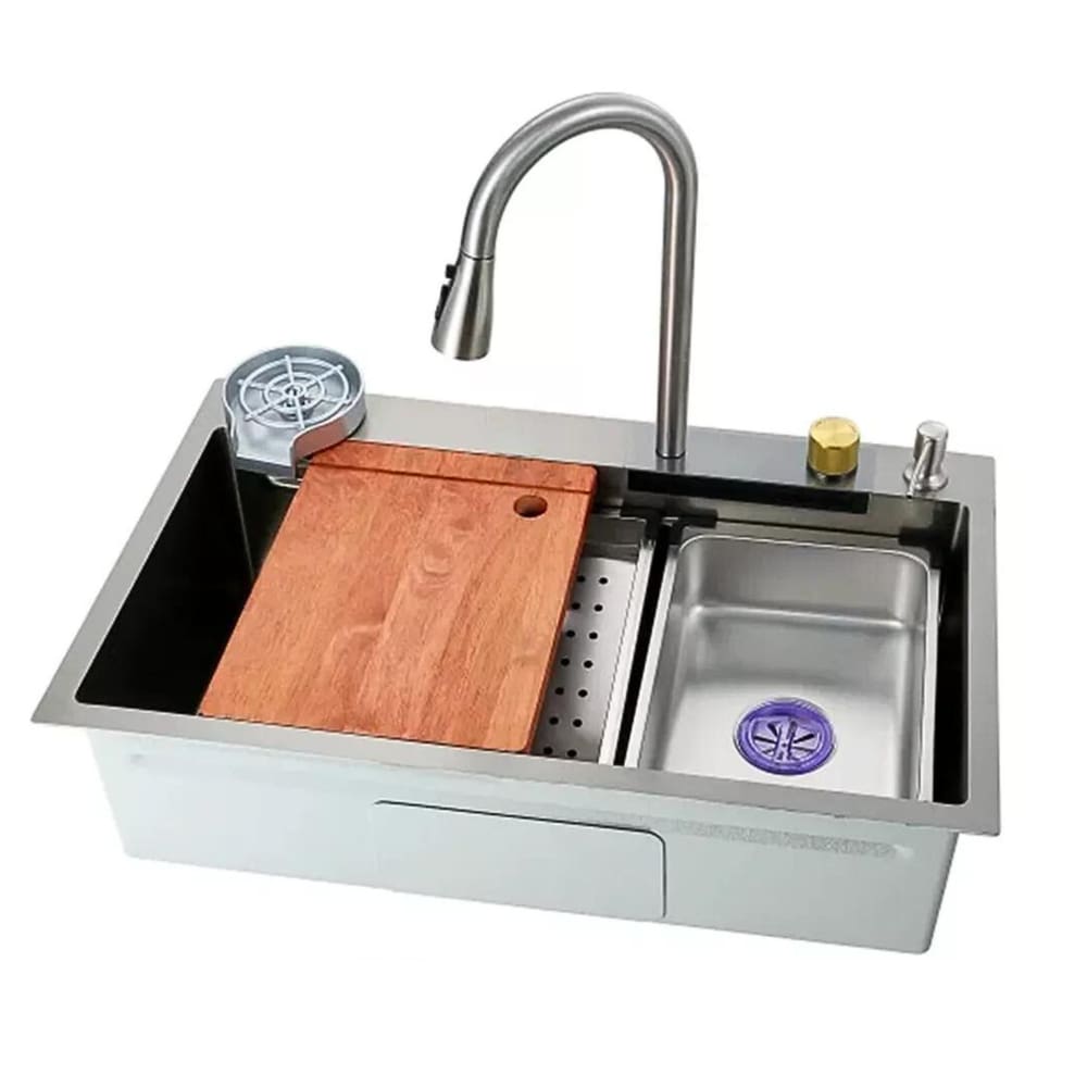 Cuba Cozinha Gourmet Premium Cascata Com Torneira Lavador Copos Aço Inox 304 Cromado
