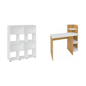 Kit 2 Peças com Escrivaninha com Nichos e Estante para Livros 10 Nichos Carvalho/Branco