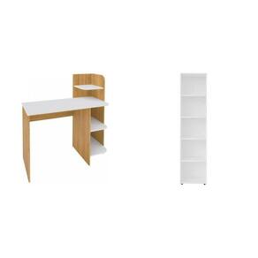 Kit 2 Peças com Escrivaninha 3 Praleiras com Estante para Livros 5 Prateleiras Branco/Carvalho