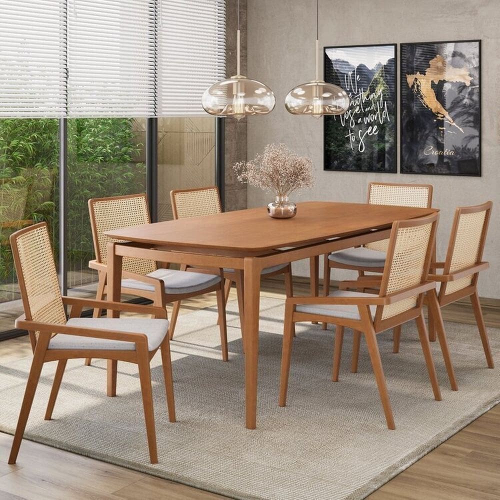 Conjunto Sala de Jantar Madeira Maciça - Mesa 1,60 Laminada 6 Cadeiras Assento Estofado Encosto Tela Freijó