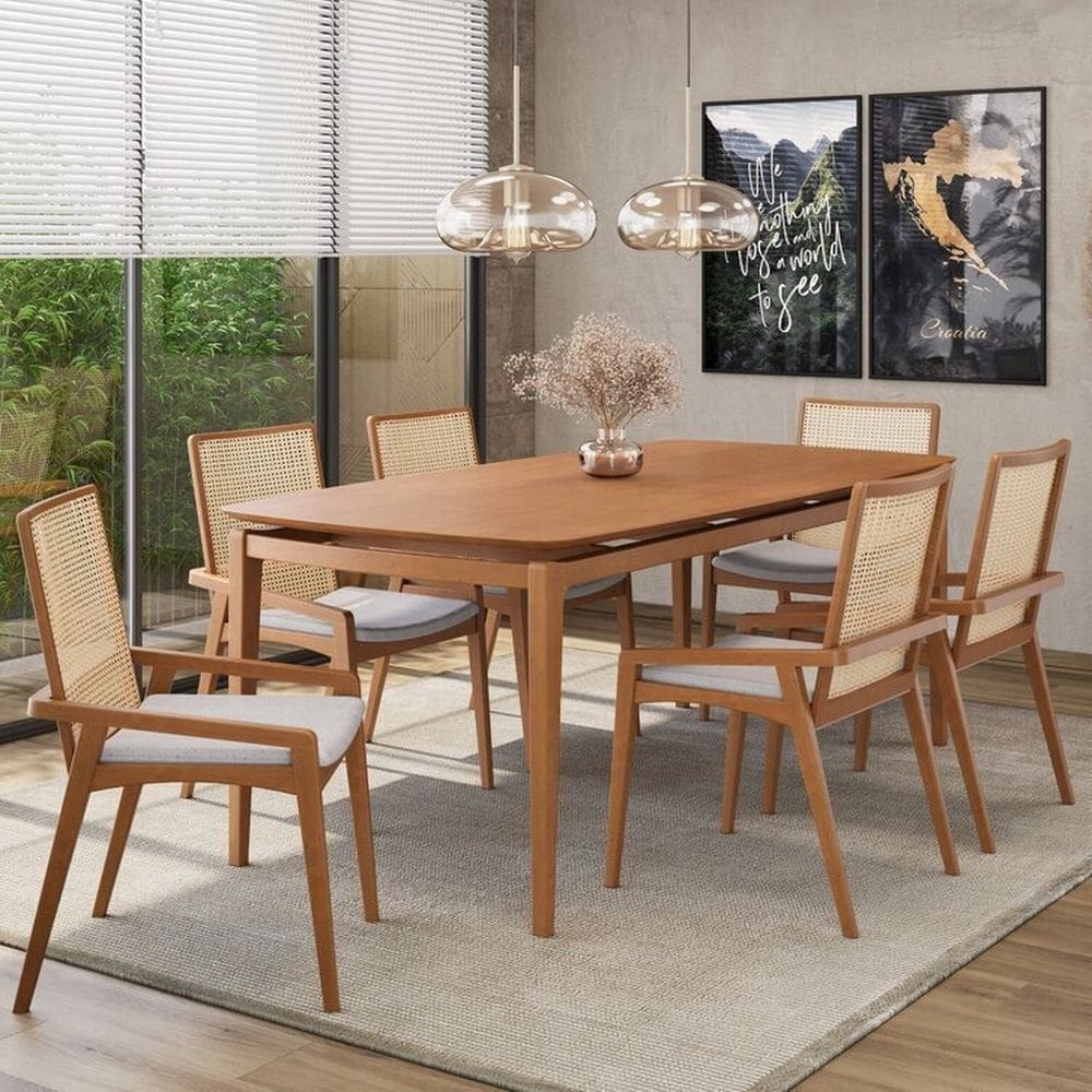 Conjunto Sala de Jantar Madeira Maciça - Mesa 1,80 Laminada 6 Cadeiras Assento Estofado Encosto Tela Freijó