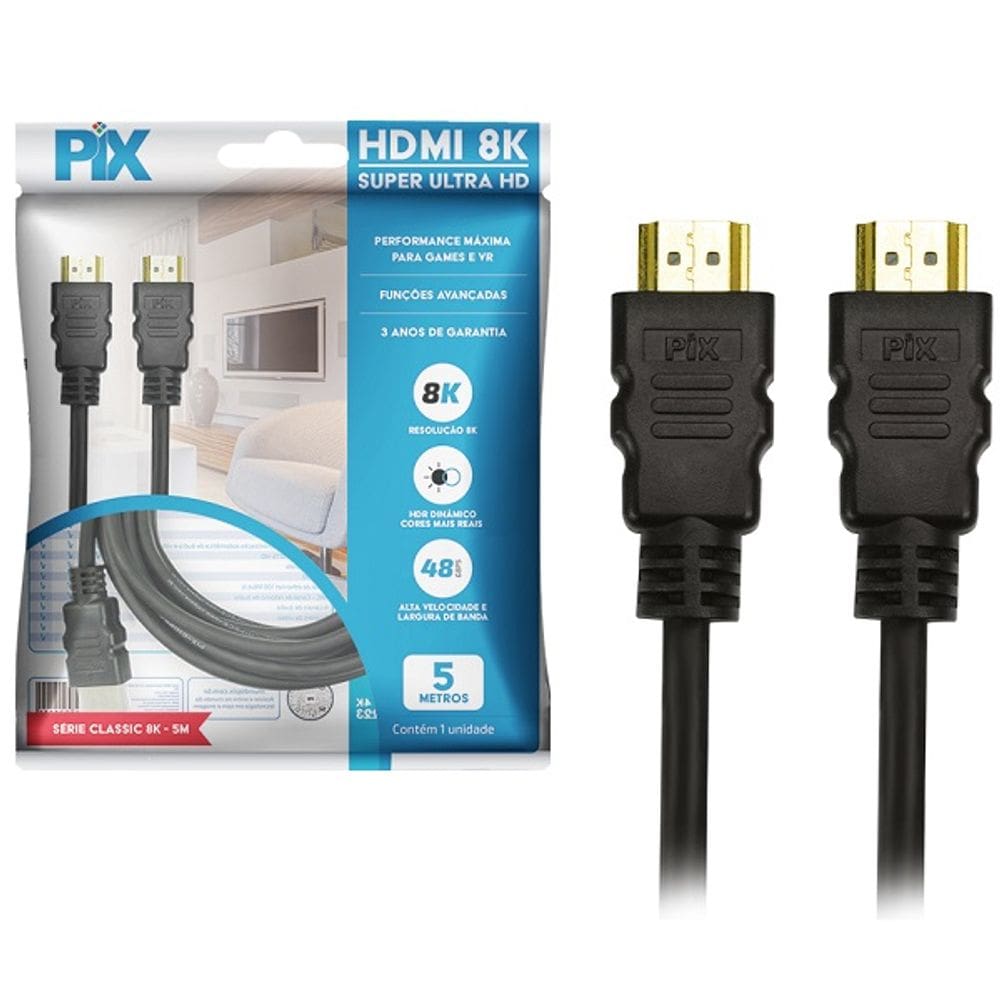 Cabo HDMI 5M 2.1 8K HDR 19P 26AWG Preto PIX 018-1035