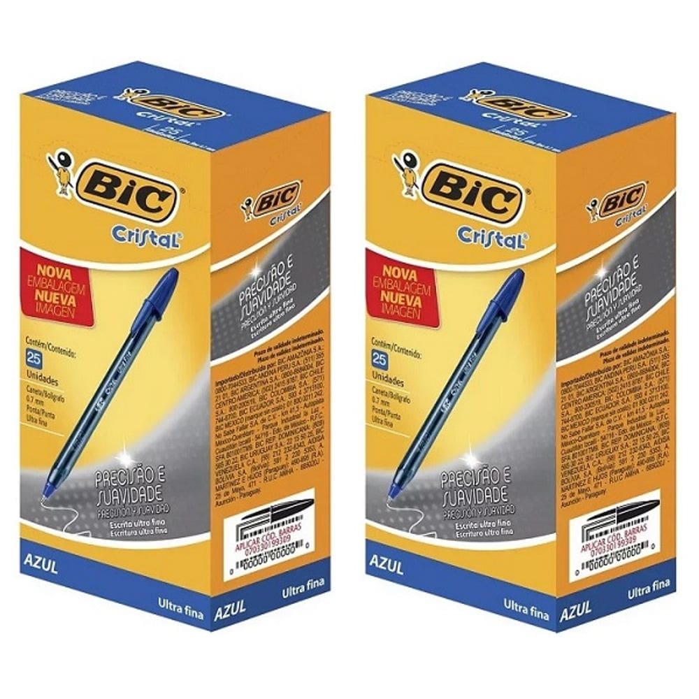 Kit com 50 Caneta Esferografica BIC Cristal ULTRA Fina 0.7MM Tinta Azul Exterior Azul
