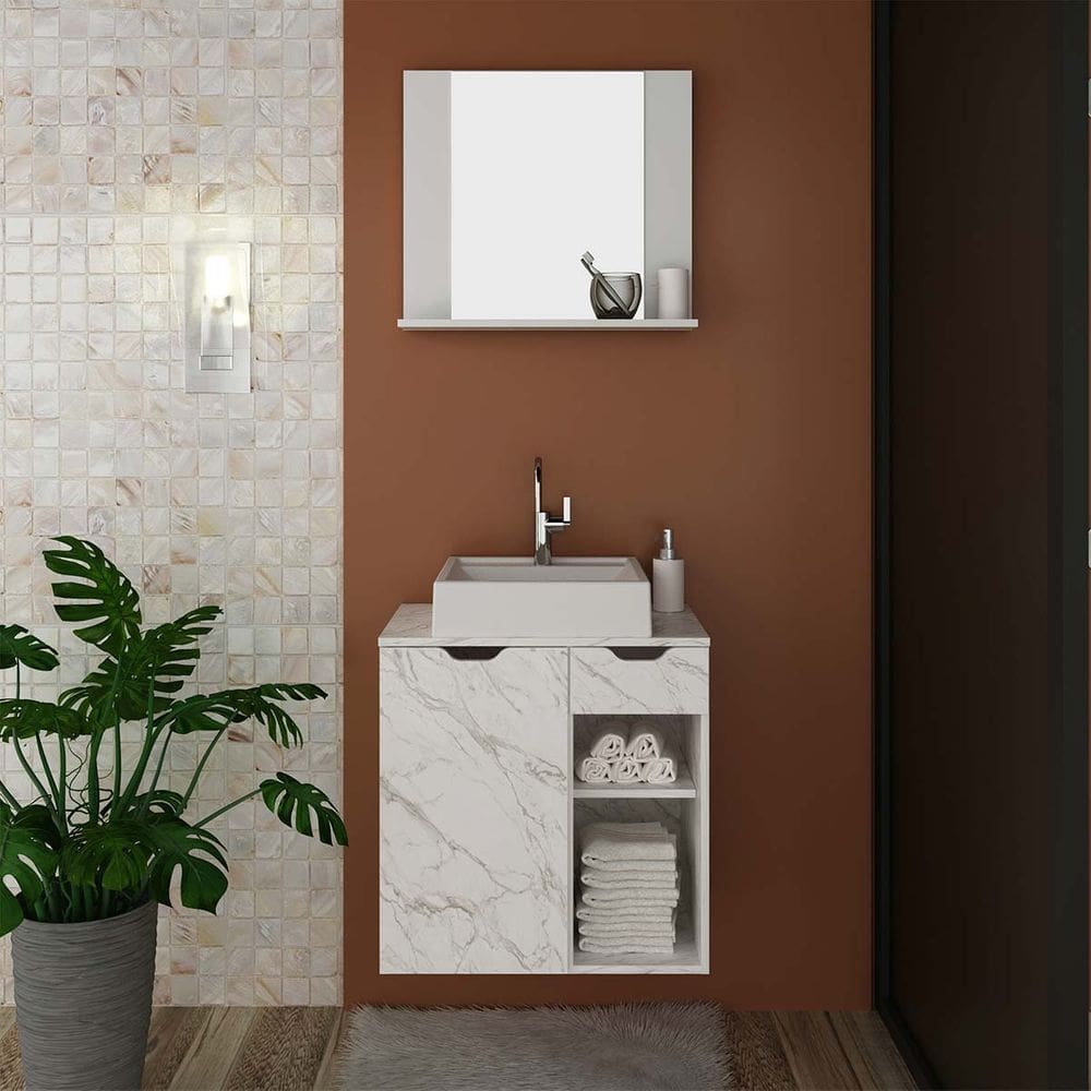 Conjunto para Banheiro Completo Gabinete Cuba Espelho Mármore Branco
