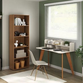 Kit 2 Peças com Escrivaninha 120cm e Estante para Livros com 5 Prateleiras Off White/Cedo