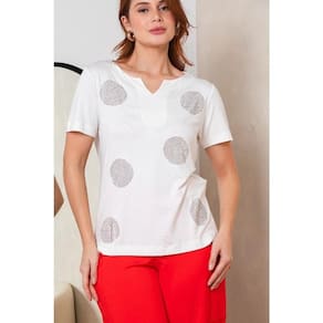 Blusa decote em V com aplicação em circulos Virou Moda