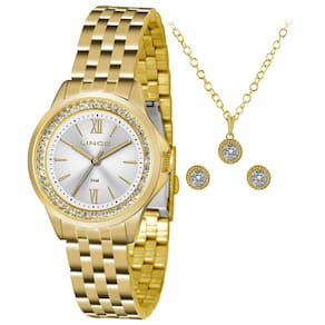 Kit Relogio Lince Feminino Lrg4519l Ku76 Dourado Strass