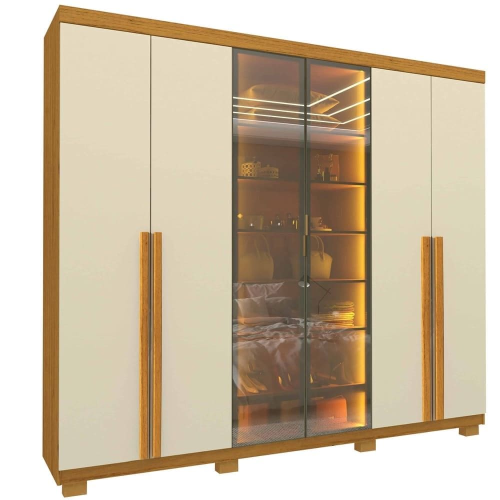 Guarda Roupa Casal Imperatriz 6P/2Reflecta LED Pés Madeira Naturale/Off White - Gelius