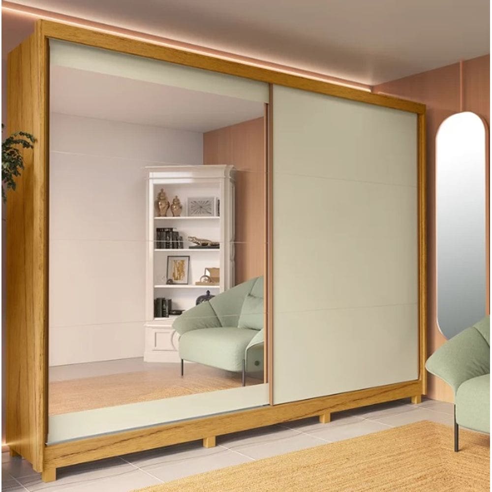 Guarda Roupa Casal 2,77m 100% MDF Espelho 2 Portas 7 Gavetas Apolo Nature / OffWhite Gelius