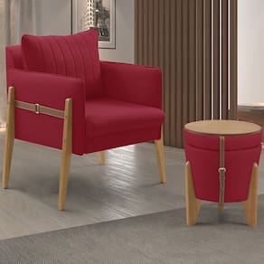 Conjunto para Sala de Estar com Poltrona e Puff Orion Veludo Vermelho
