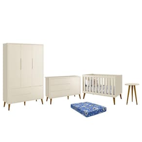 Dormitório Infantil Theo Retrô 3 Portas, Cômoda 1 Porta, Berço, Mesa de Apoio com Pés Amadeirado e Colchão - Reller Móveis