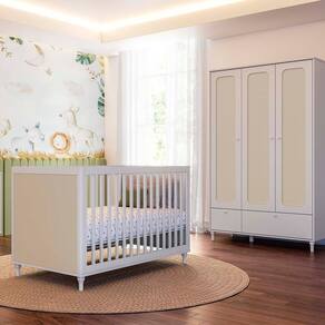 Kit Quarto Infantil Rattan - Berço Americano + Cômoda 6 Gavetas + Guarda-Roupa Rattan com 3 Portas e 2 Gavetas - Branco Fosco