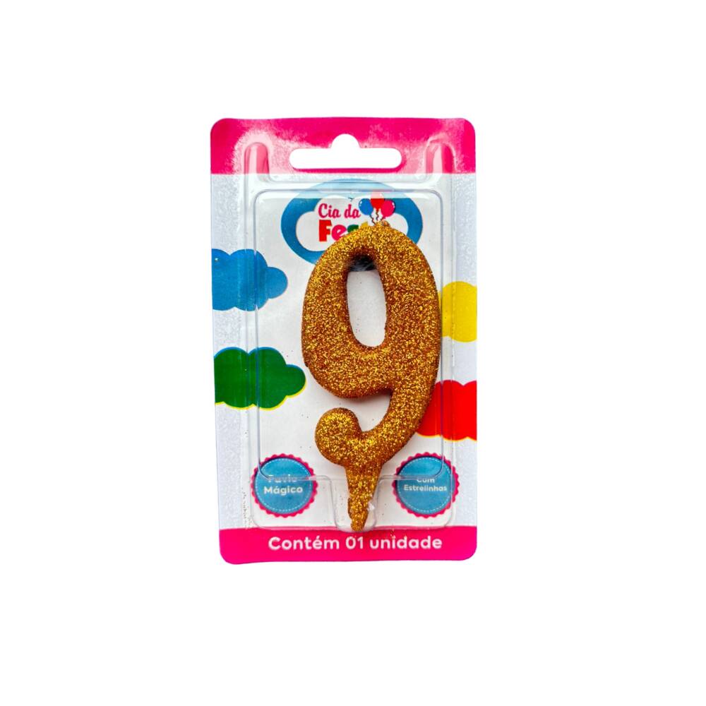 Vela Premium Glitter Ouro N 9 Cia Da Festa