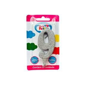 Vela Premium Glitter Prata N 9 Cia Da Festa