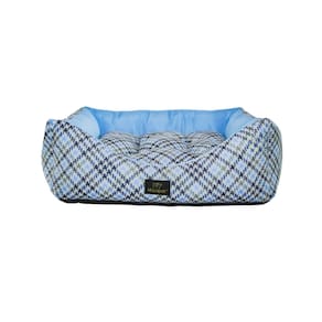 Cama para Cachorro Quadrada em Poliéster Pied de Poule Azul e Cinza Grande (GG) 50 x 50 cm