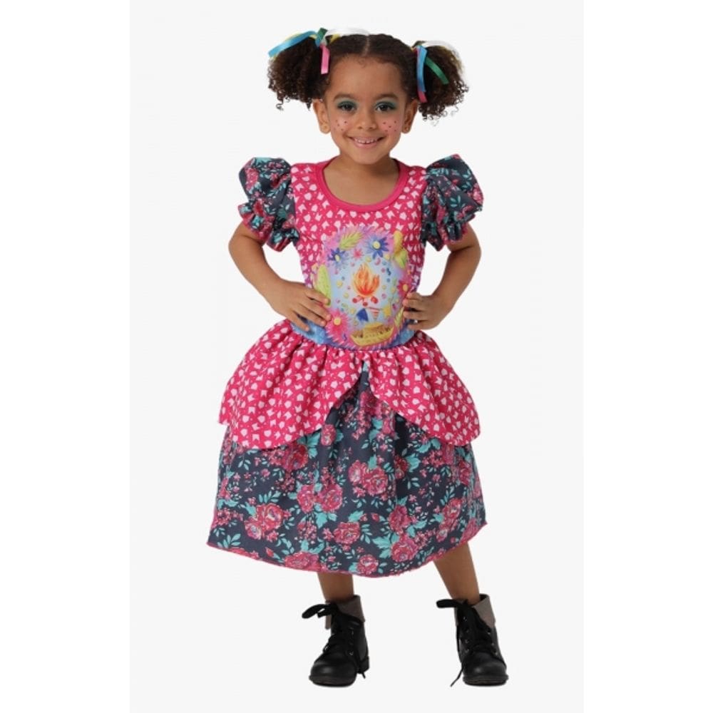 Vestido Infantil Festa Junina Fogueira Rosa