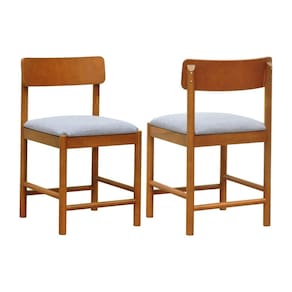 Kit 2 Cadeiras Amber Madeira Maciça Assento Estofado Linho Impermeável AMÊNDOA /CINZA
