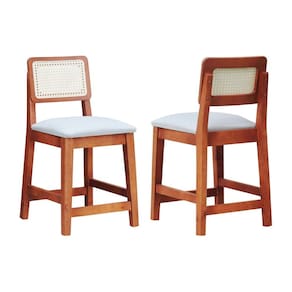 Kit 2 Banquetas Baixa/Cadeiras Gabi Madeira Maciça Encosto Telinha Assento Estofado Linho Amêndoa/Bege