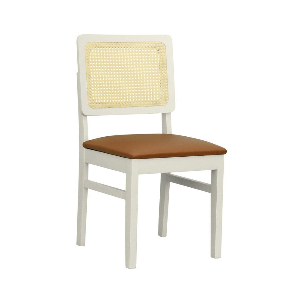 Cadeira Lyon Madeira Maciça Encosto Telinha Natural Assento Estofado Sintético Off White/Caramelo