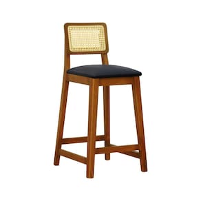 Banqueta Gabi 68cm Altura Madeira Maciça Encosto Telinha Assento Estofado Sintético Amêndoa/Preto