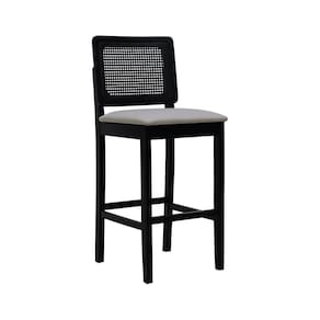 Banqueta Alta Bistrô Lyon Madeira Maciça Encosto Telinha Assento Estofado Linho Preto/Bege