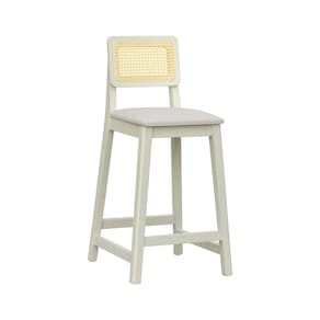 Banqueta Gabi 68cm Altura Madeira Maciça Encosto Telinha Assento Estofado Sintético Off White/Bege