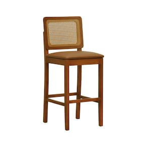 Banqueta Alta Bistrô Lyon Madeira Maciça Encosto Telinha Assento Estofado Sintético Amêndoa/Caramelo