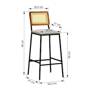 Banqueta Gabi Metal com 68cm Altura Encosto Telinha Assento Estofado Linho Preto/Bege