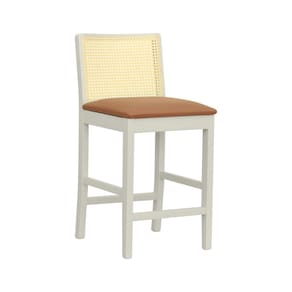 Banqueta Média Pérola com 62cm Altura Madeira Maciça Encosto Telinha Assento Estofado Sintético Off White/Caramelo
