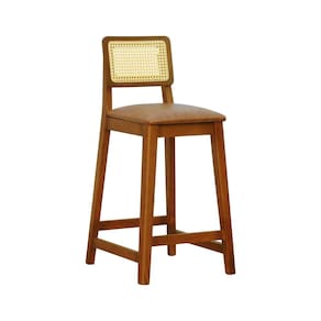 Banqueta Gabi 68cm Altura Madeira Maciça Encosto Telinha Assento Estofado Sintético Amêndoa/Marrom