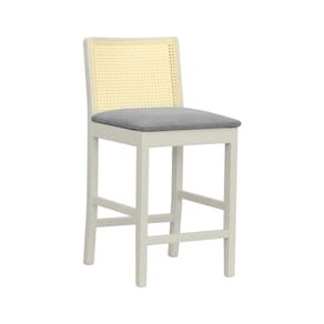 Banqueta Média Pérola com 62cm Altura Madeira Maciça Encosto Telinha Assento Estofado Linho Off White/Cinza
