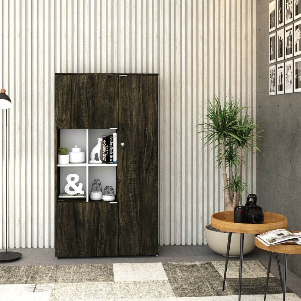 Armário Alto com Nicho e 03 Portas 161,5x90x42cm Carvalho Dark/Branco